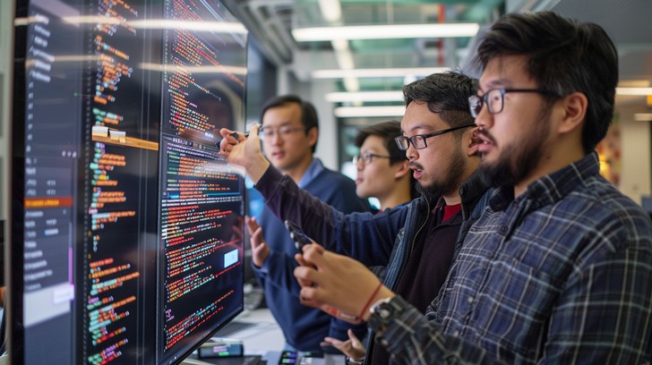 Team of software engineers collaborating and analyzing code on a large screen