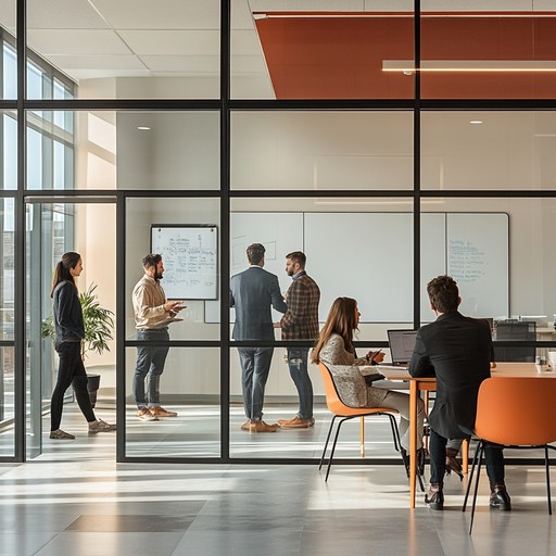 Team of professionals collaborating around a table and in a glass-walled meeting room